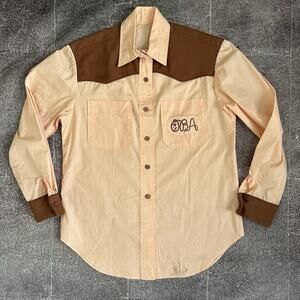Men's Vintage 80s OBA Pastel Pink Brown Western Wear Cowboy Button Up Shirt Sz L